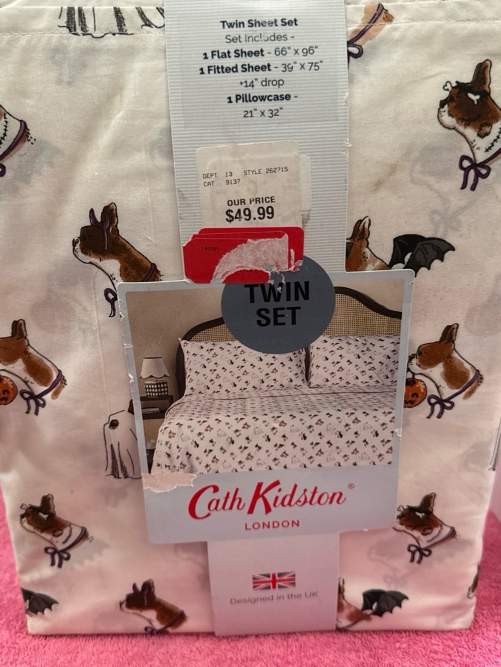 Cath Kidston White Twin Sheet Set with Brown Dog and Black Bat Motifs